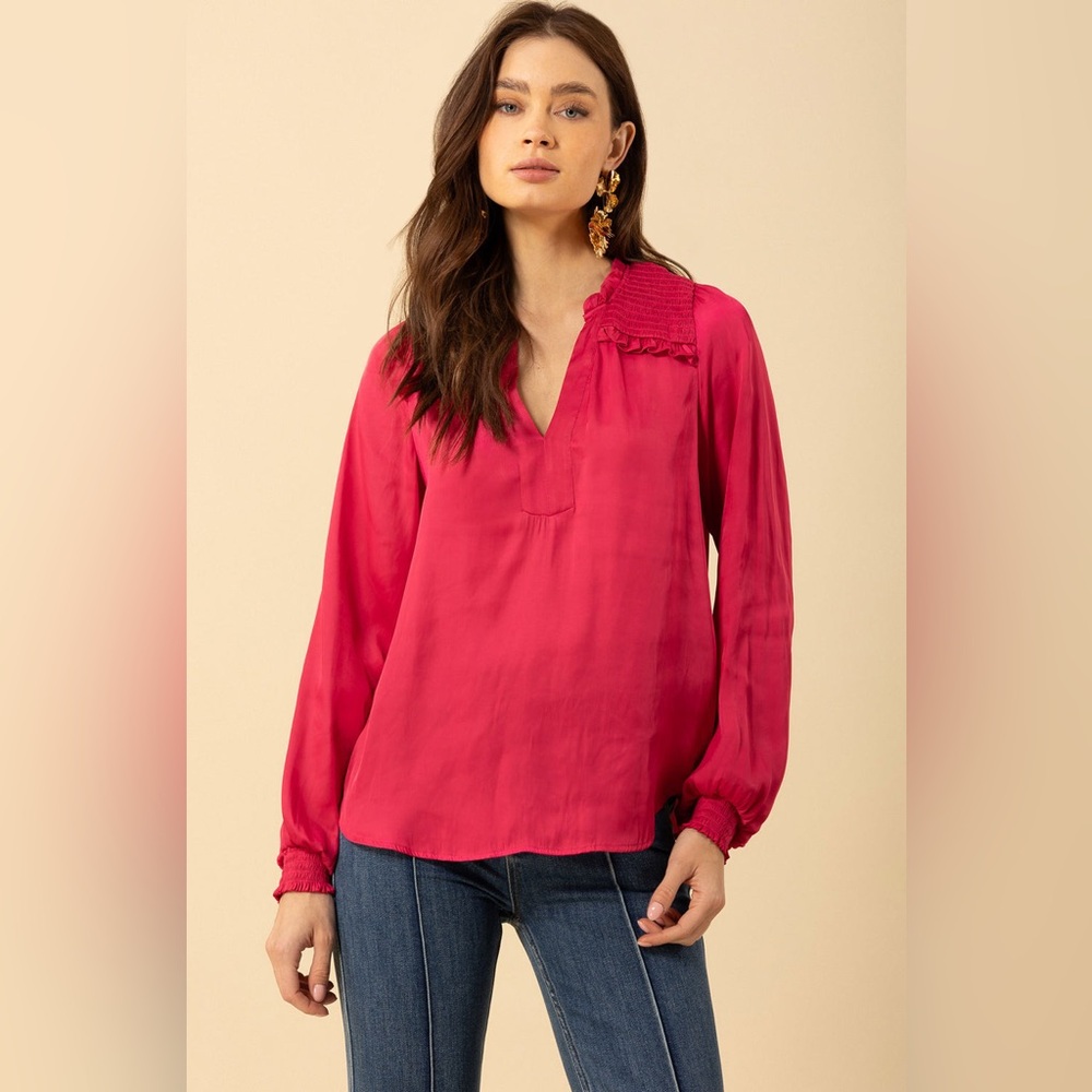 Hale Bob Fuschia Long Sleeve Relaxed V-Neck Blouse NWT
